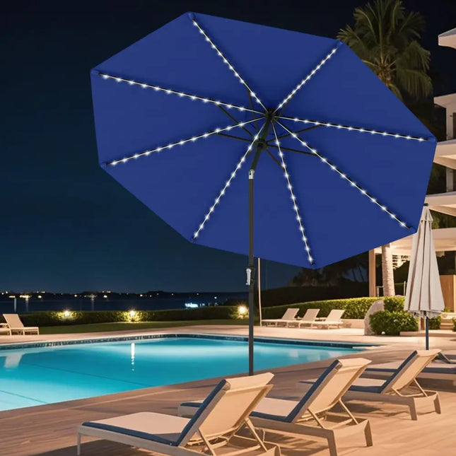 10 Feet Solar Patio Umbrella with 96 Multi-Colored Flowing LED Lights and Tilt Adjustment-Navy - Navy - Outdoor