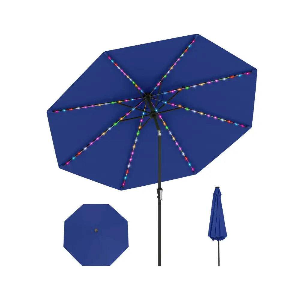 10 Feet Solar Patio Umbrella with 96 Multi-Colored Flowing LED Lights and Tilt Adjustment-Navy - Navy - Outdoor