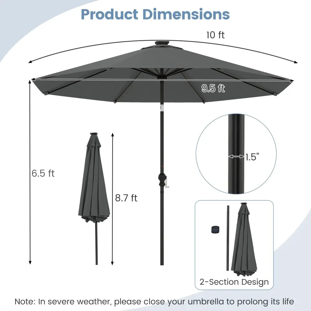 10 Feet Solar Patio Umbrella with 96 Multi-Colored Flowing LED Lights and Tilt Adjustment-Gray - Gray - Outdoor