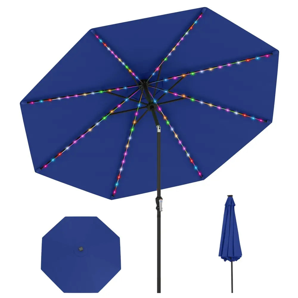 10 Feet Solar Patio Umbrella with 96 Multi-Colored Flowing LED Lights and Tilt Adjustment-Navy - Navy - Outdoor