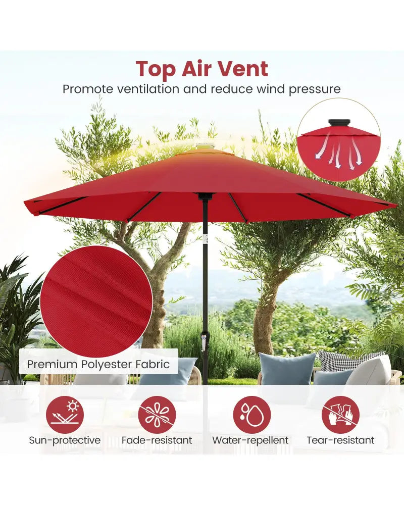 10 Feet Solar Patio Umbrella with 96 Multi-Colored Flowing LED Lights and Tilt Adjustment-Red - Red - Outdoor Umbrellas