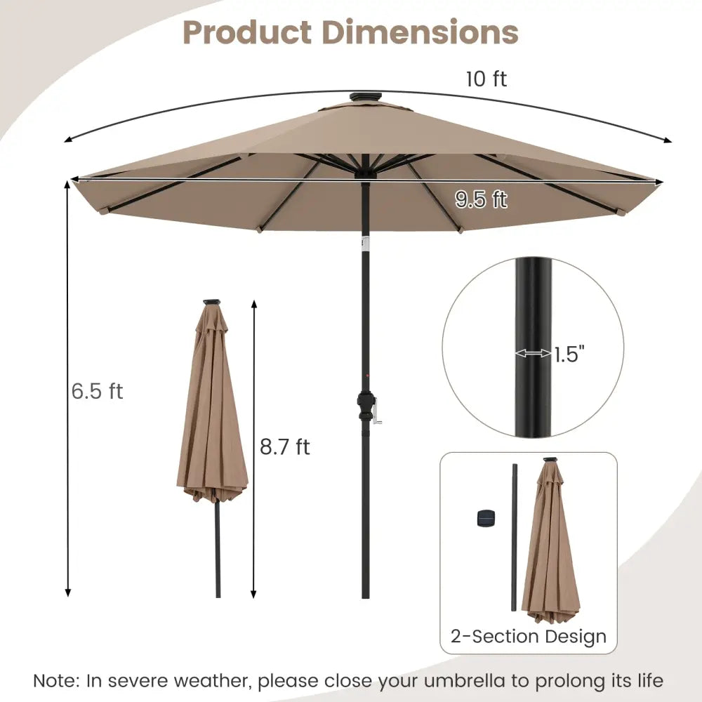10 Feet Solar Patio Umbrella with 96 Multi-Colored Flowing LED Lights and Tilt Adjustment-Coffee - Coffee - Outdoor