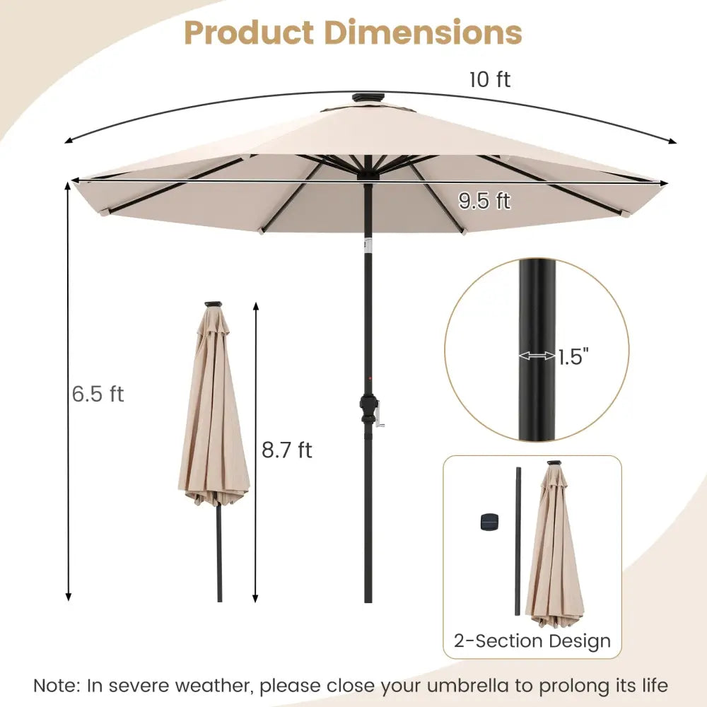 10 Feet Solar Patio Umbrella with 96 Multi-Colored Flowing LED Lights and Tilt Adjustment-Beige - Beige - Outdoor