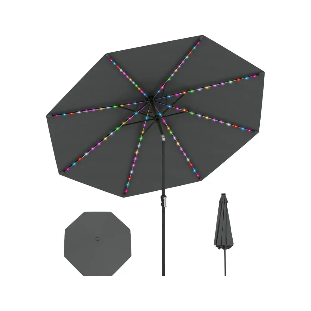 10 Feet Solar Patio Umbrella with 96 Multi-Colored Flowing LED Lights and Tilt Adjustment-Gray - Gray - Outdoor