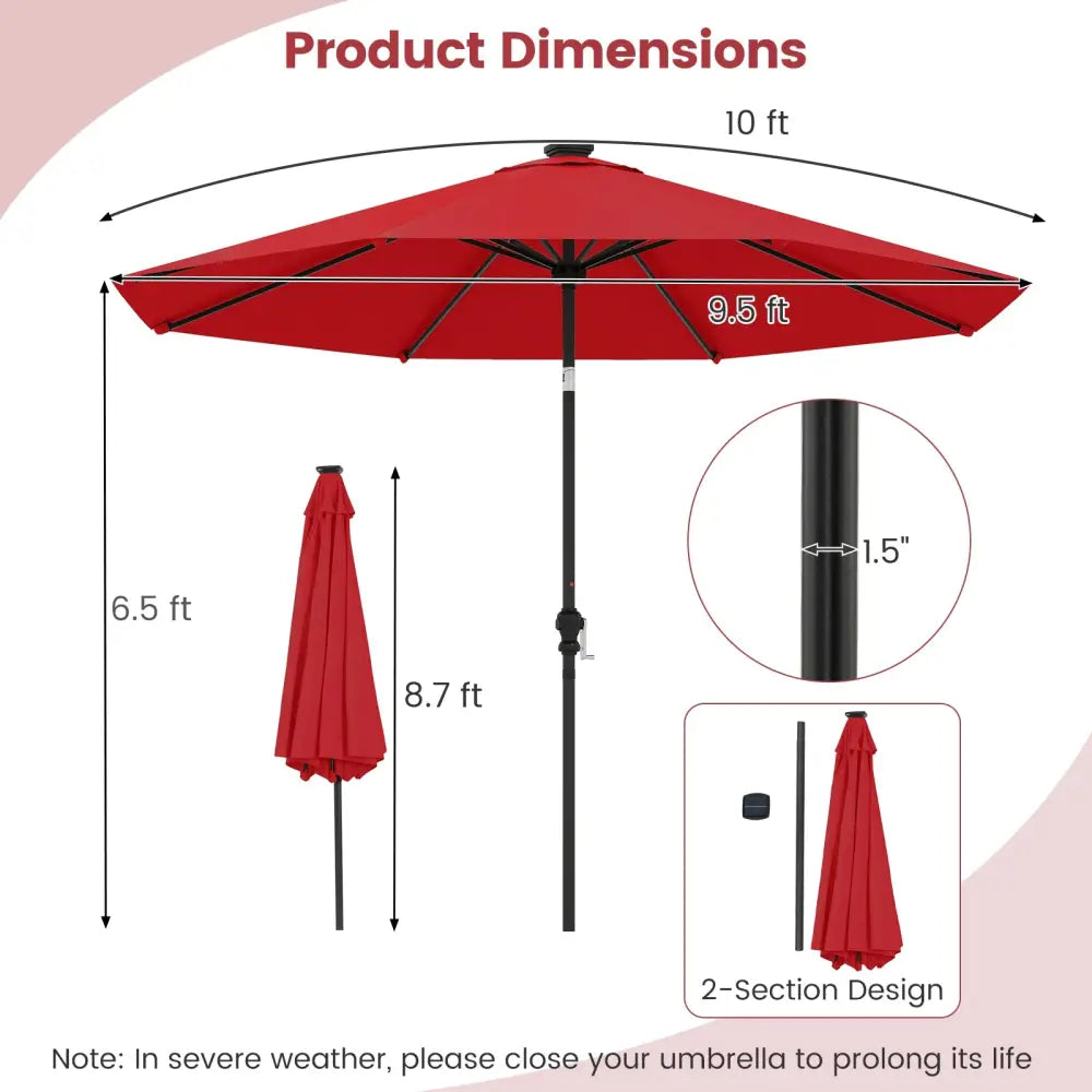 10 Feet Solar Patio Umbrella with 96 Multi-Colored Flowing LED Lights and Tilt Adjustment-Red - Red - Outdoor Umbrellas