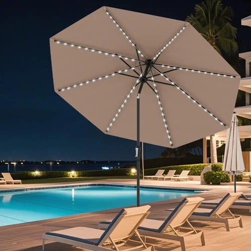 10 Feet Solar Patio Umbrella with 96 Multi-Colored Flowing LED Lights and Tilt Adjustment-Coffee - Coffee - Outdoor