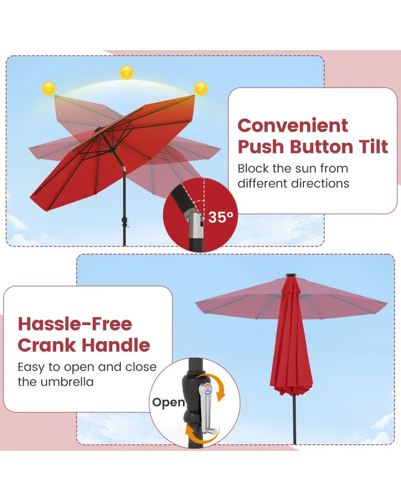 10 Feet Solar Patio Umbrella with 96 Multi-Colored Flowing LED Lights and Tilt Adjustment-Red - Red - Outdoor Umbrellas