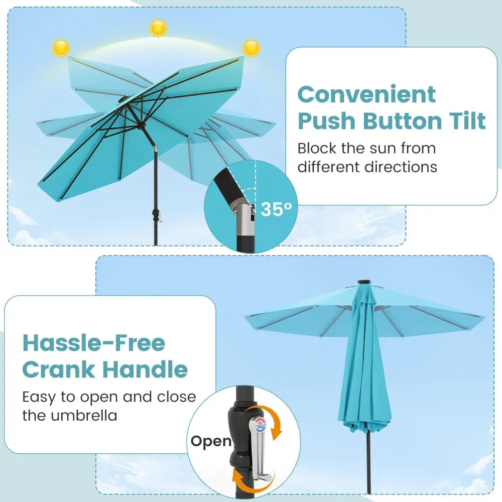 10 Feet Solar Patio Umbrella with 96 Multi-Colored Flowing LED Lights and Tilt Adjustment-Turquoise - Turquoise