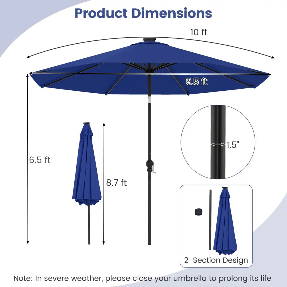 10 Feet Solar Patio Umbrella with 96 Multi-Colored Flowing LED Lights and Tilt Adjustment-Navy - Navy - Outdoor