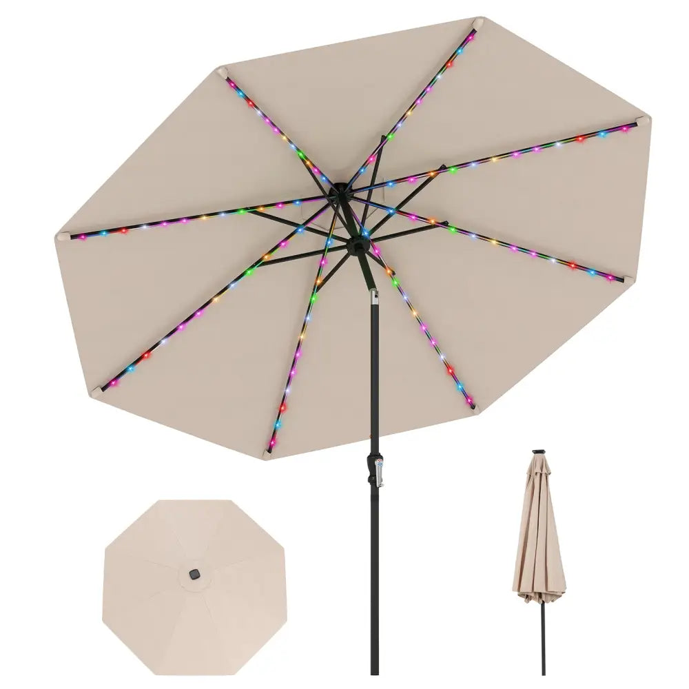 10 Feet Solar Patio Umbrella with 96 Multi-Colored Flowing LED Lights and Tilt Adjustment-Beige - Beige - Outdoor