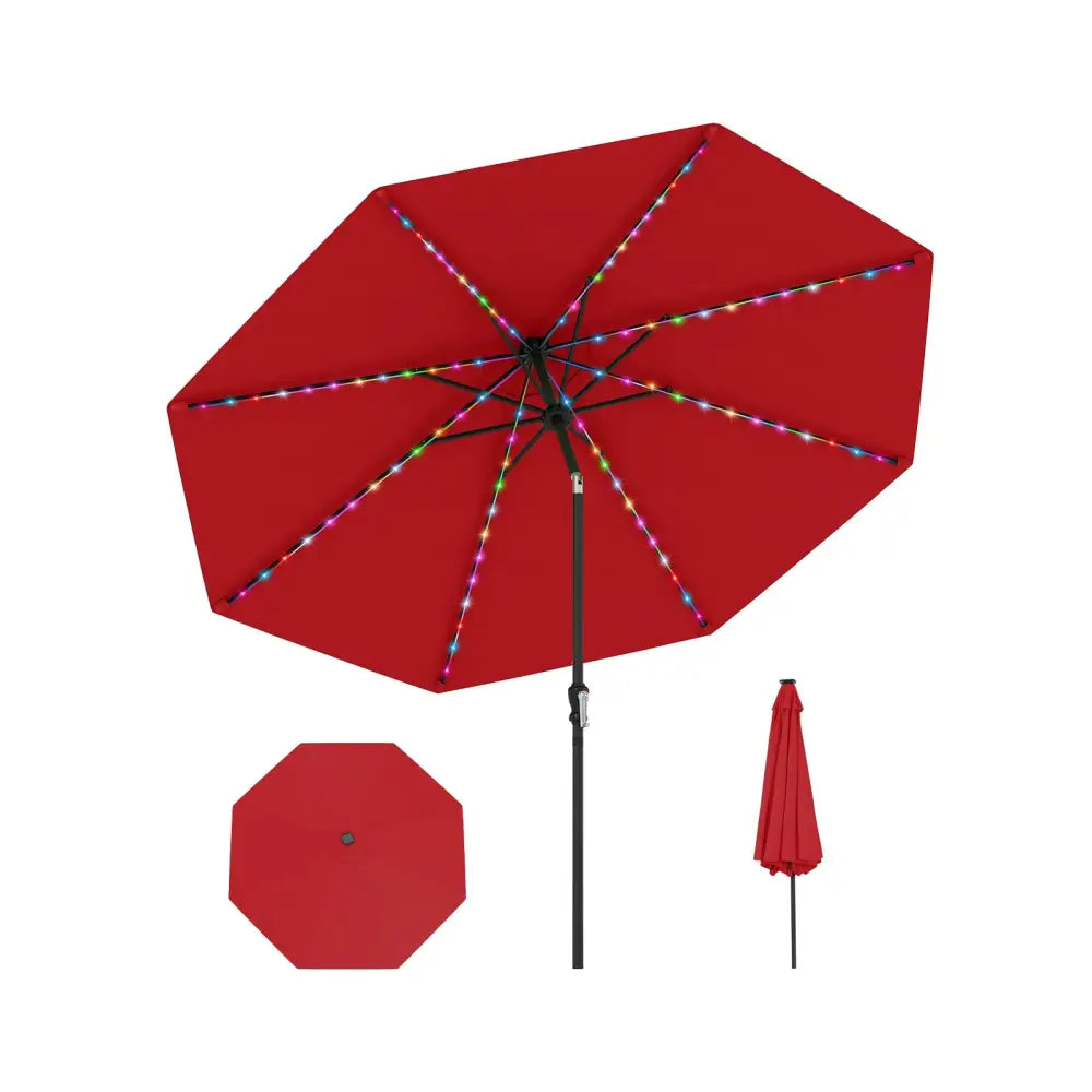 10 Feet Solar Patio Umbrella with 96 Multi-Colored Flowing LED Lights and Tilt Adjustment-Red - Red - Outdoor Umbrellas