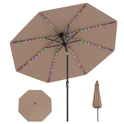 10 Feet Solar Patio Umbrella with 96 Multi-Colored Flowing LED Lights and Tilt Adjustment-Coffee - Coffee - Outdoor