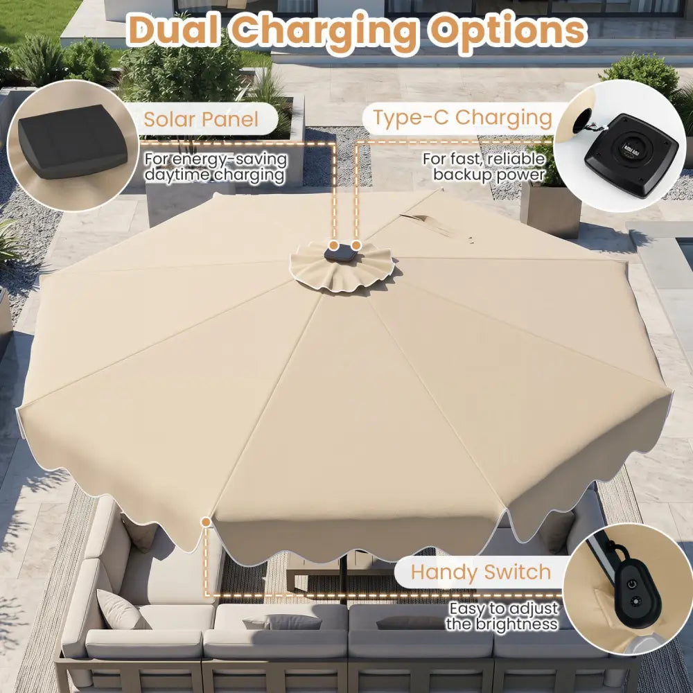 10 Feet Solar Patio Umbrella with Color-Changing LED Lights-Beige - Beige - Outdoor Umbrellas