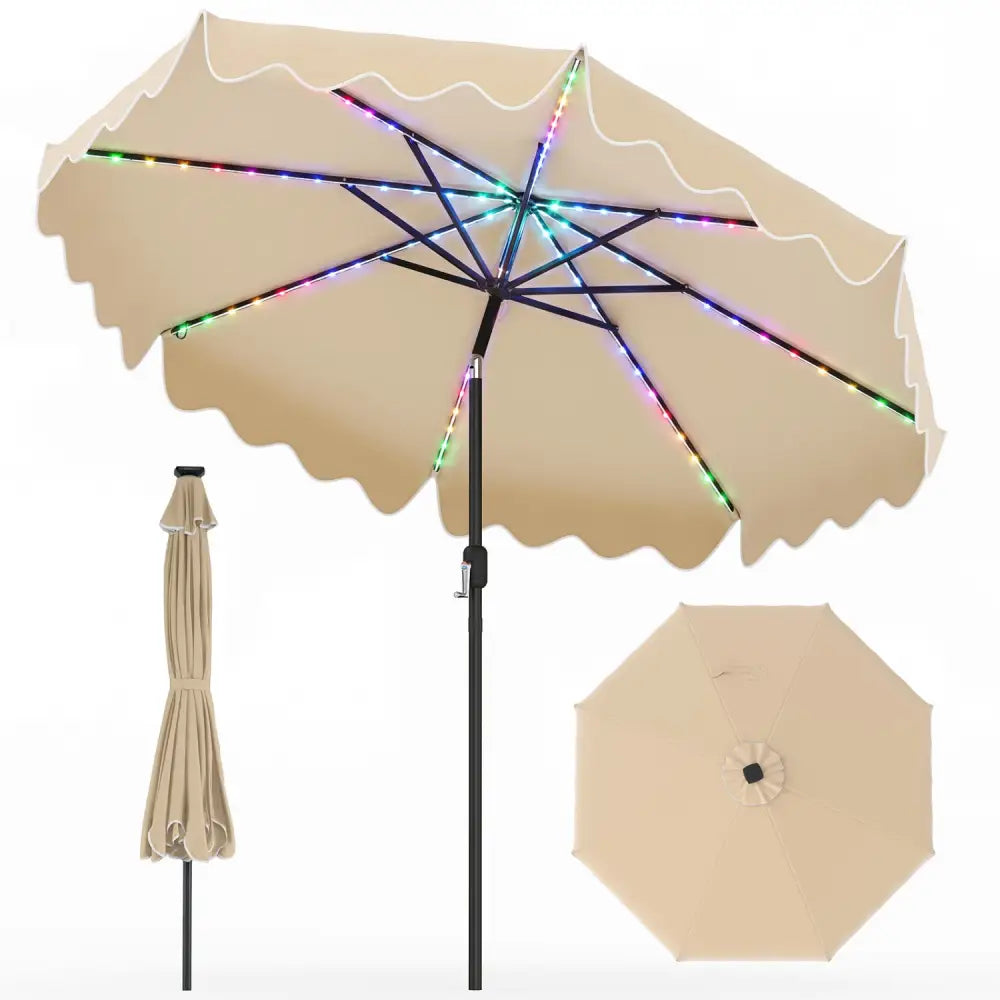 10 Feet Solar Patio Umbrella with Color-Changing LED Lights-Beige - Beige - Outdoor Umbrellas