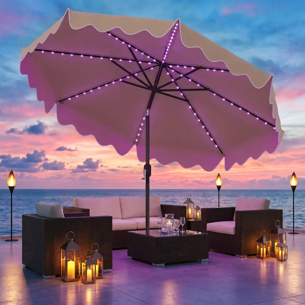 10 Feet Solar Patio Umbrella with Color-Changing LED Lights-Beige - Beige - Outdoor Umbrellas