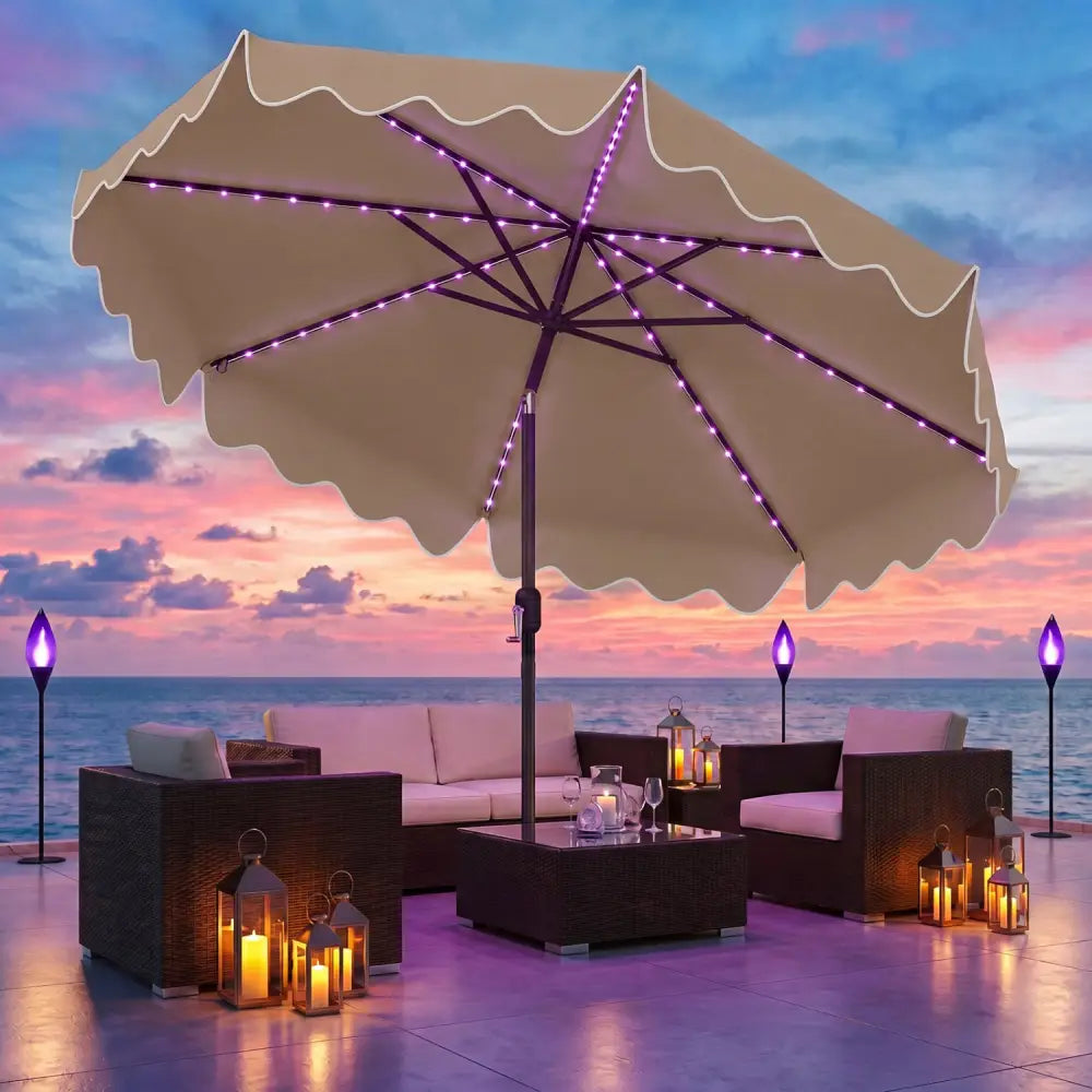 10 Feet Solar Patio Umbrella with Color-Changing LED Lights-Brown - Brown - Outdoor Umbrellas