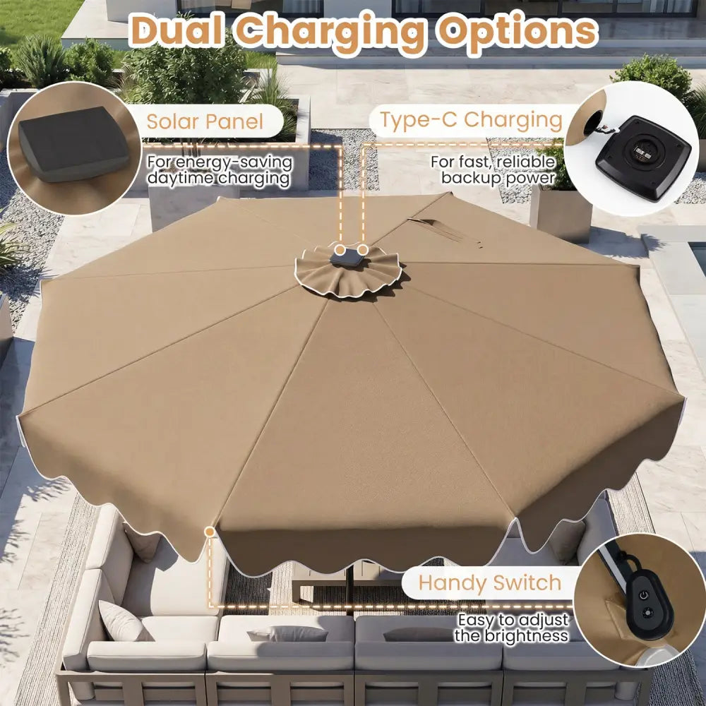 10 Feet Solar Patio Umbrella with Color-Changing LED Lights-Brown - Brown - Outdoor Umbrellas
