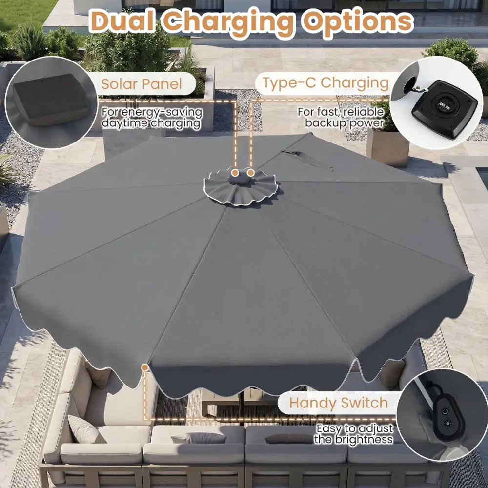10 Feet Solar Patio Umbrella with Color-Changing LED Lights-Gray - Gray - Outdoor Umbrellas