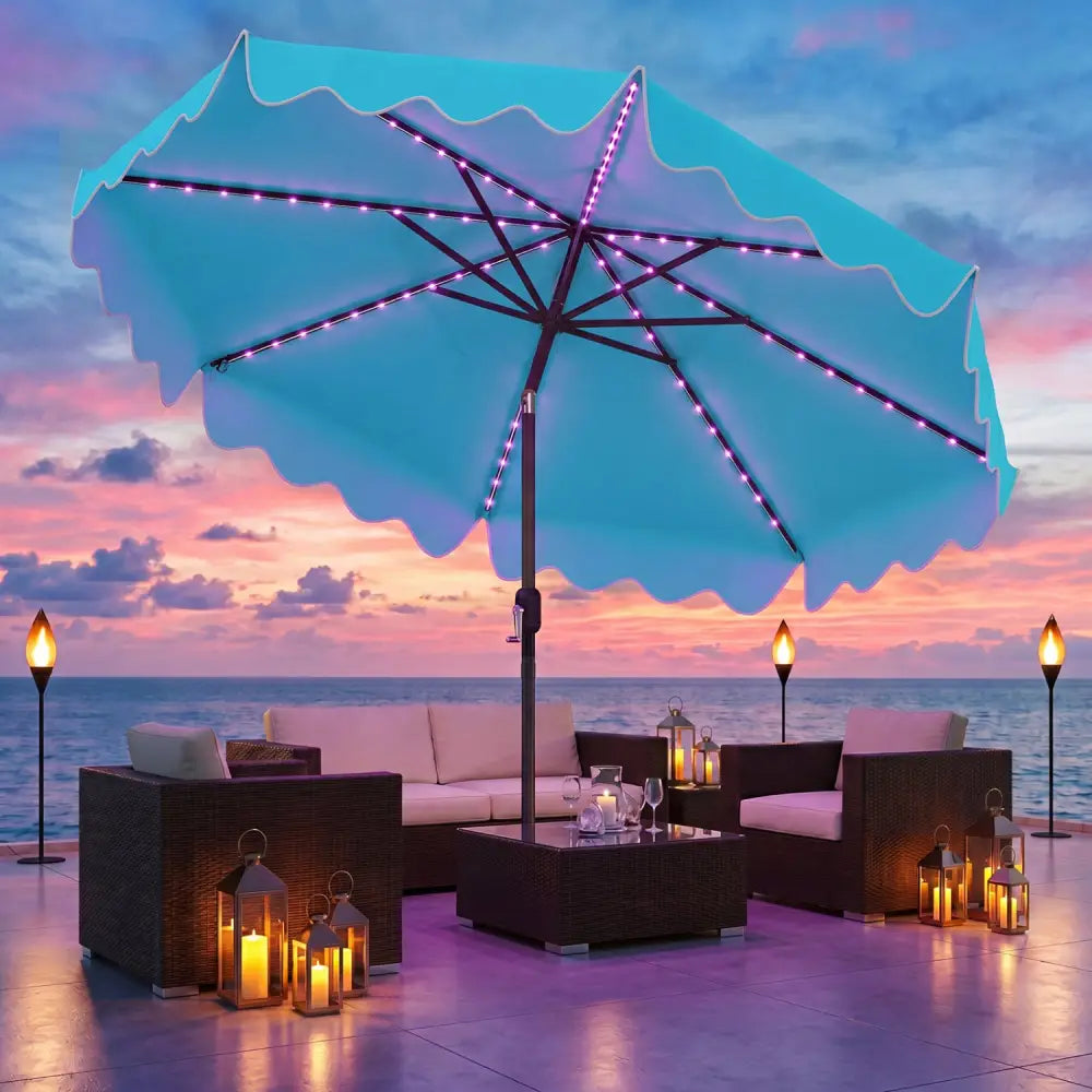 10 Feet Solar Patio Umbrella with Color-Changing LED Lights-Turquoise - Turquoise - Outdoor Umbrellas
