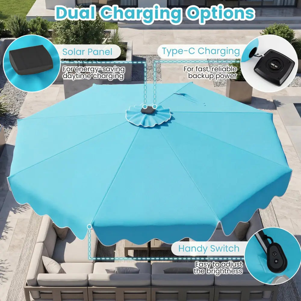 10 Feet Solar Patio Umbrella with Color-Changing LED Lights-Turquoise - Turquoise - Outdoor Umbrellas