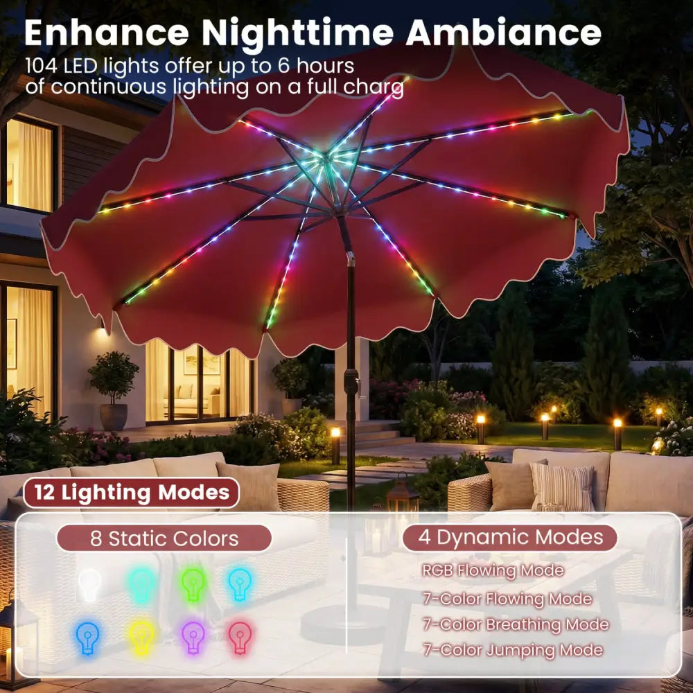 10 Feet Solar Patio Umbrella with Color-Changing LED Lights-Wine - Wine - Outdoor Umbrellas