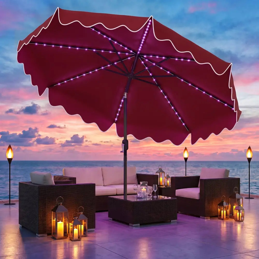 10 Feet Solar Patio Umbrella with Color-Changing LED Lights-Wine - Wine - Outdoor Umbrellas