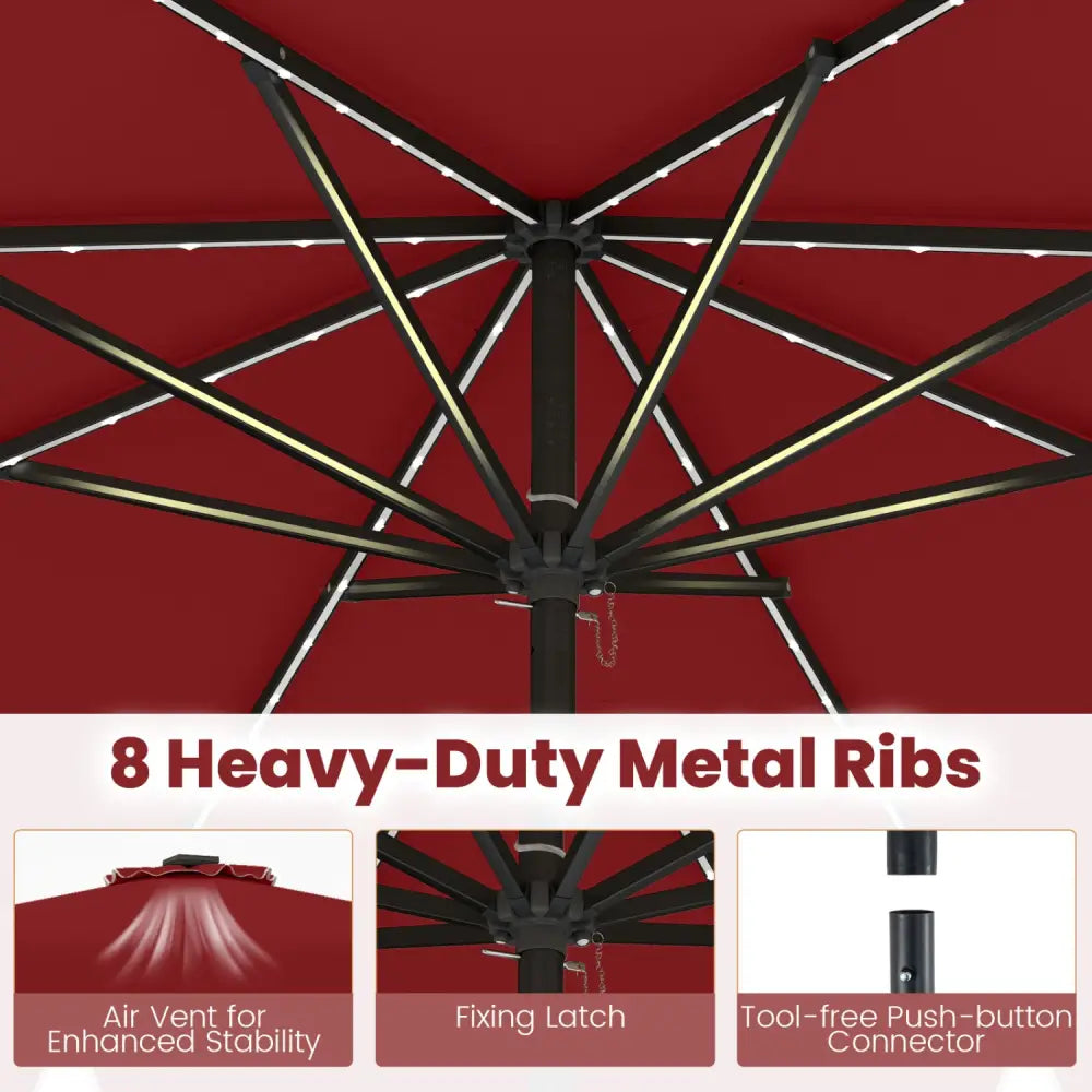 10 Feet Solar Patio Umbrella with Color-Changing LED Lights-Wine - Wine - Outdoor Umbrellas