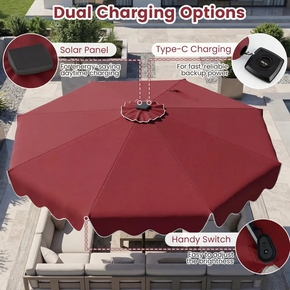 10 Feet Solar Patio Umbrella with Color-Changing LED Lights-Wine - Wine - Outdoor Umbrellas