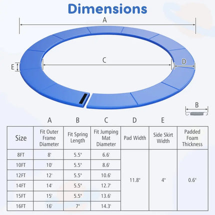 10 Feet Trampoline Pad Replacement Safety Pad with Fixing Straps (Blue) - Blue - Outdoor Play