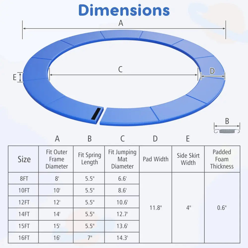 10 Feet Trampoline Pad Replacement Safety Pad with Fixing Straps (Blue) - Blue - Outdoor Play