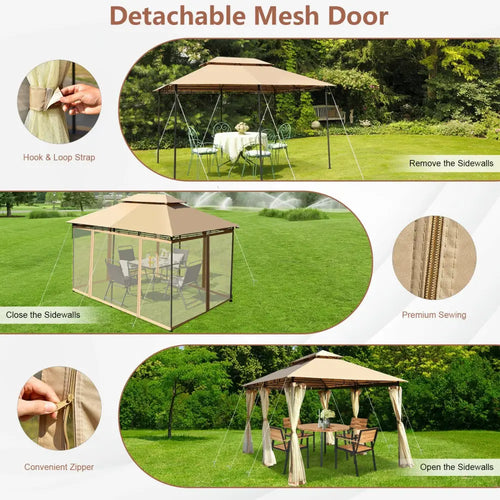 10 Feet x 13 Feet Tent Canopy Shelter with Removable Netting Sidewall-Tan - Tan - Gazebos