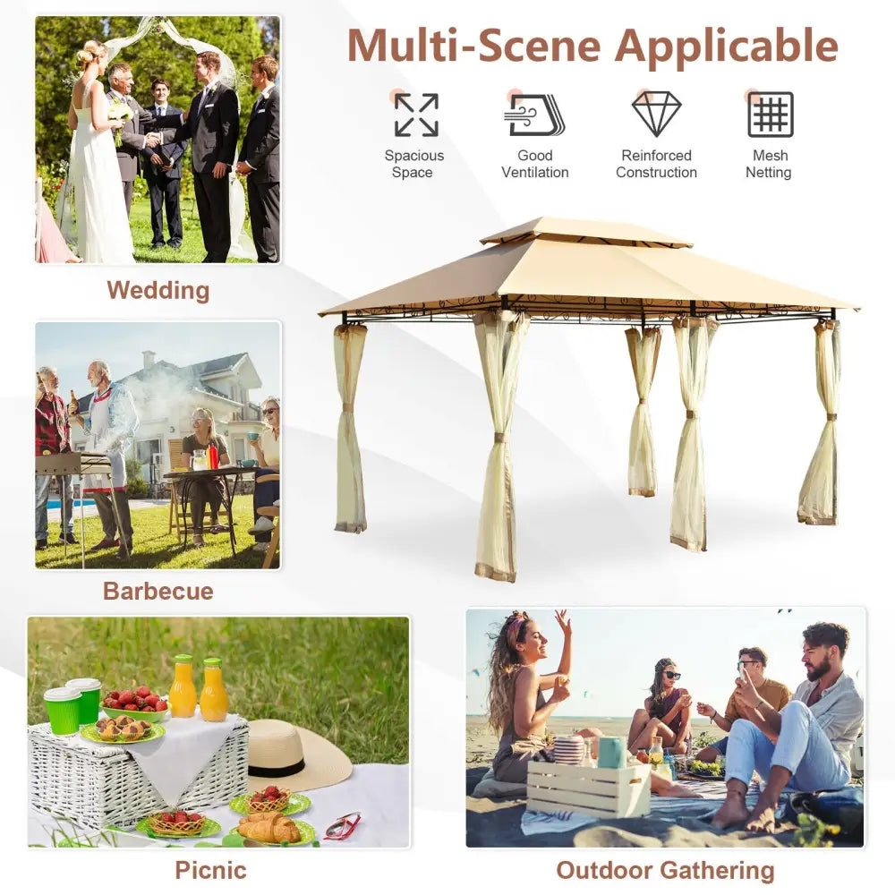 10 Feet x 13 Feet Tent Canopy Shelter with Removable Netting Sidewall-Tan - Tan - Gazebos