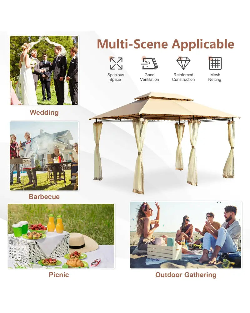 10 Feet x 13 Feet Tent Canopy Shelter with Removable Netting Sidewall-Tan - Tan - Gazebos