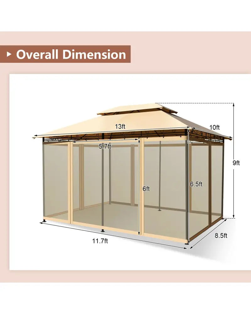 10 Feet x 13 Feet Tent Canopy Shelter with Removable Netting Sidewall-Tan - Tan - Gazebos