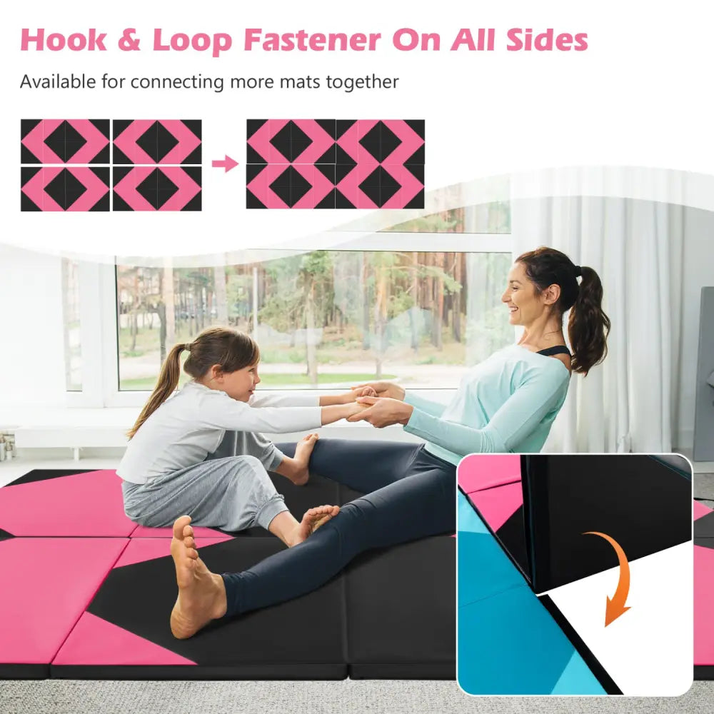 10 Feet x 4 Feet x 2 Inch Folding Exercise Mat with Hook and Loop Fasteners-Black and Pink - Black & Pink - Yoga & Gym