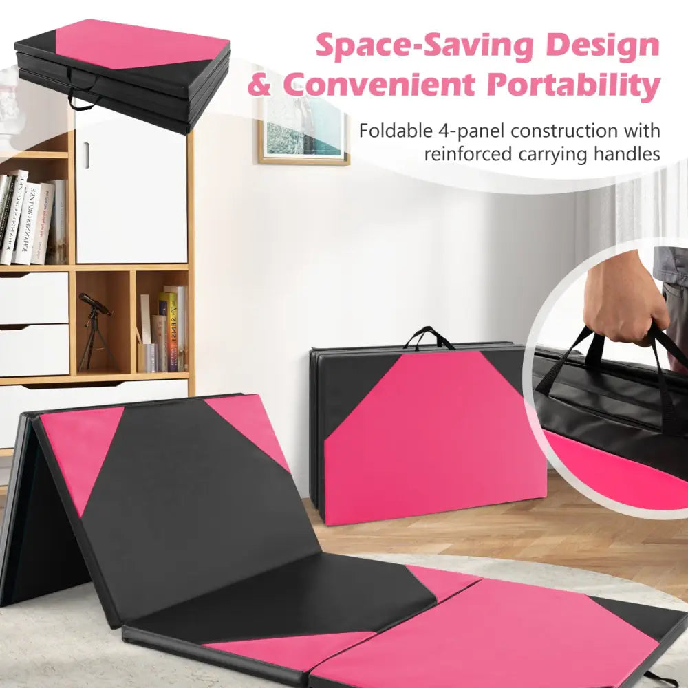 10 Feet x 4 Feet x 2 Inch Folding Exercise Mat with Hook and Loop Fasteners-Black and Pink - Black & Pink - Yoga & Gym