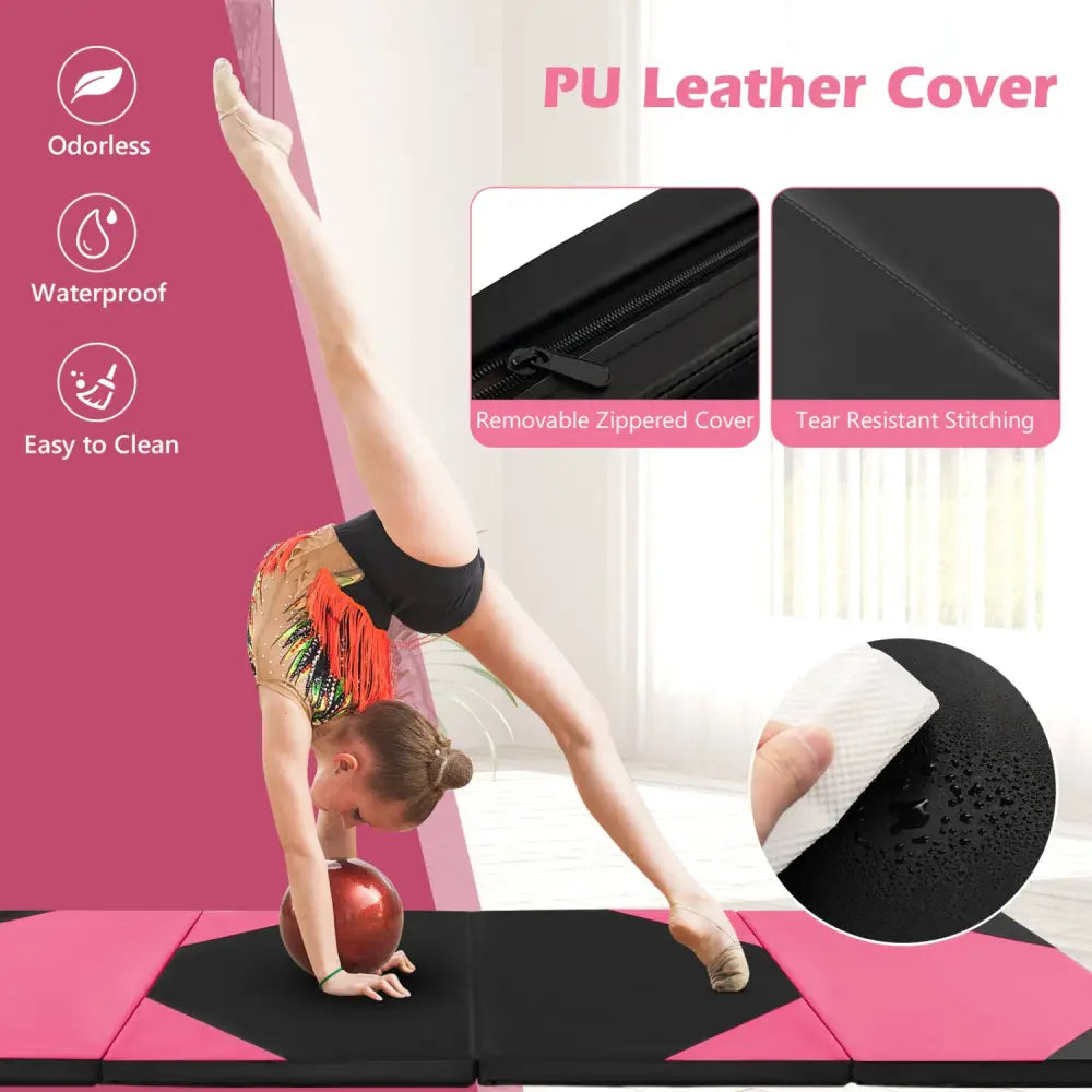 10 Feet x 4 Feet x 2 Inch Folding Exercise Mat with Hook and Loop Fasteners-Black and Pink - Black & Pink - Yoga & Gym