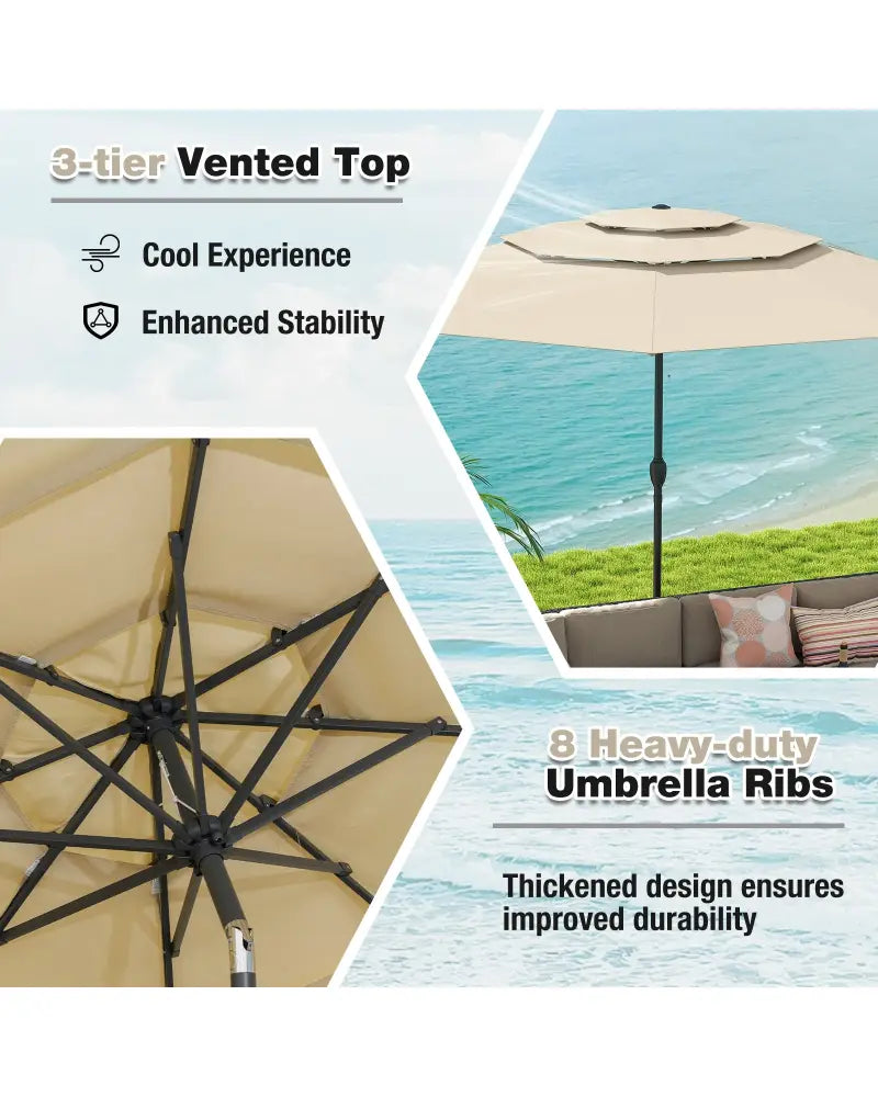 10 ft 3-tier Vented Patio Umbrella with Push Button Tilt-Beige - Beige - Outdoor Umbrellas