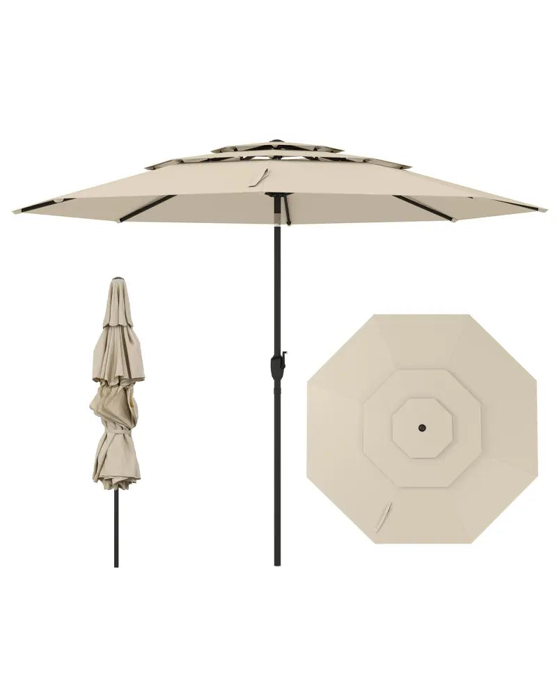 10 ft 3-tier Vented Patio Umbrella with Push Button Tilt-Beige - Beige - Outdoor Umbrellas