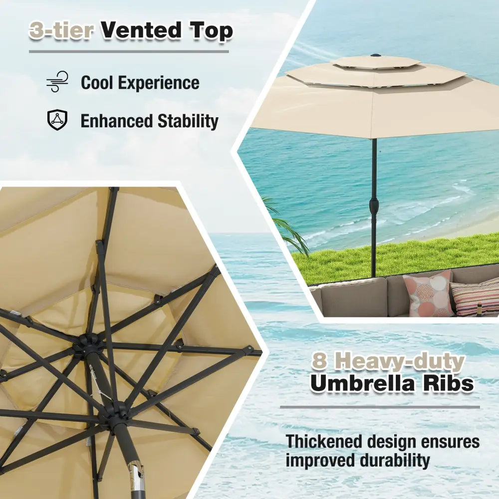 10 ft 3-tier Vented Patio Umbrella with Push Button Tilt-Beige - Beige - Outdoor Umbrellas
