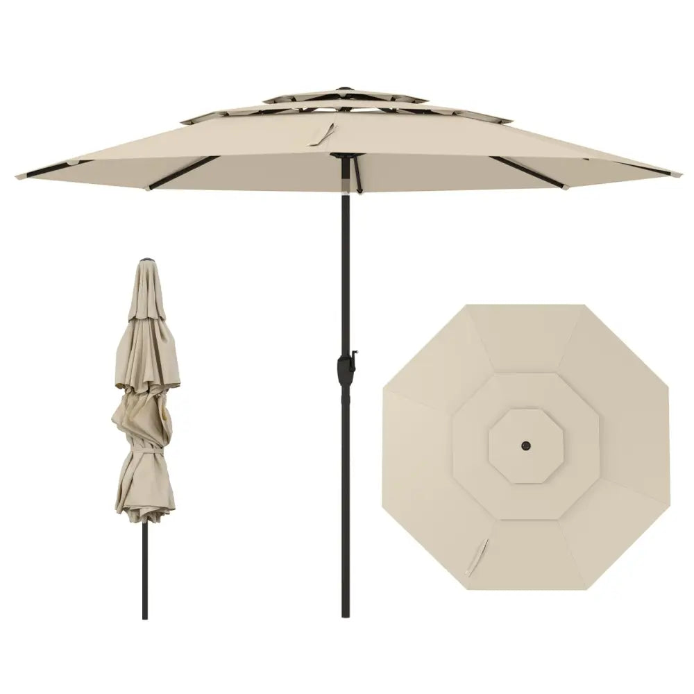 10 ft 3-tier Vented Patio Umbrella with Push Button Tilt-Beige - Beige - Outdoor Umbrellas