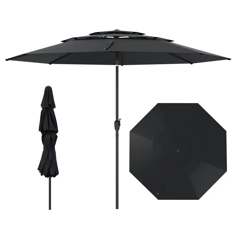 10 ft 3-tier Vented Patio Umbrella with Push Button Tilt-Black - Black - Outdoor Umbrellas
