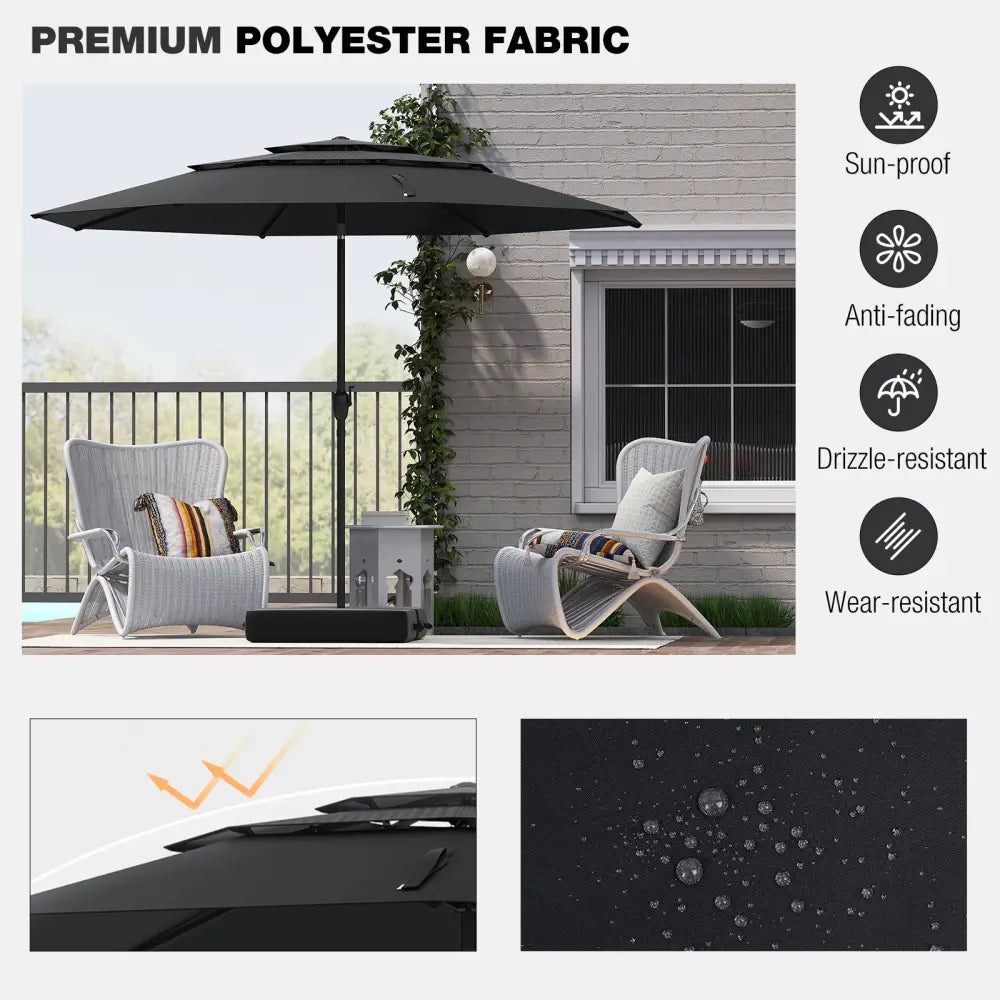 10 ft 3-tier Vented Patio Umbrella with Push Button Tilt-Black - Black - Outdoor Umbrellas