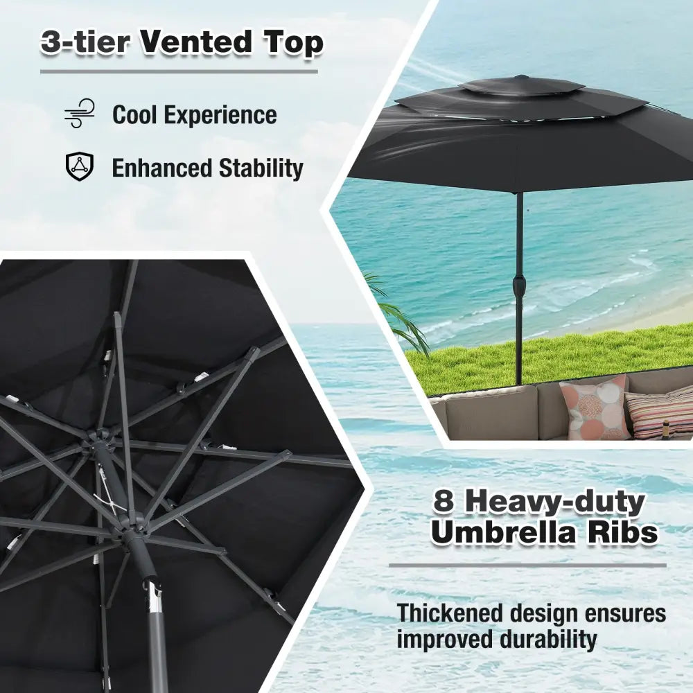 10 ft 3-tier Vented Patio Umbrella with Push Button Tilt-Black - Black - Outdoor Umbrellas