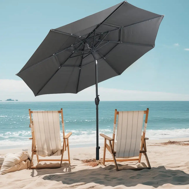 10 ft 3-tier Vented Patio Umbrella with Push Button Tilt-Gray - Gray - Outdoor Umbrellas