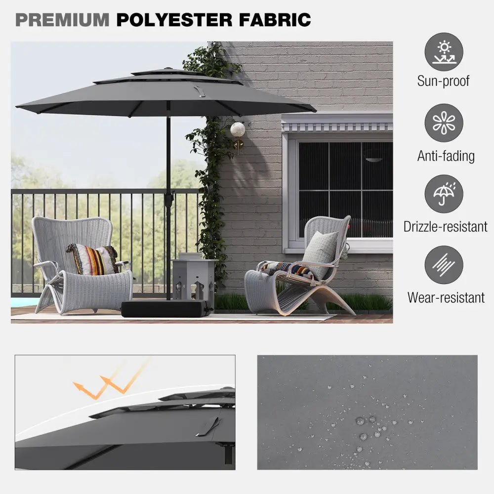 10 ft 3-tier Vented Patio Umbrella with Push Button Tilt-Gray - Gray - Outdoor Umbrellas