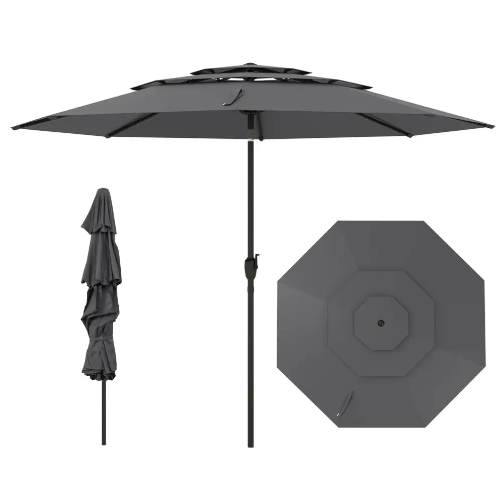 10 ft 3-tier Vented Patio Umbrella with Push Button Tilt-Gray - Gray - Outdoor Umbrellas