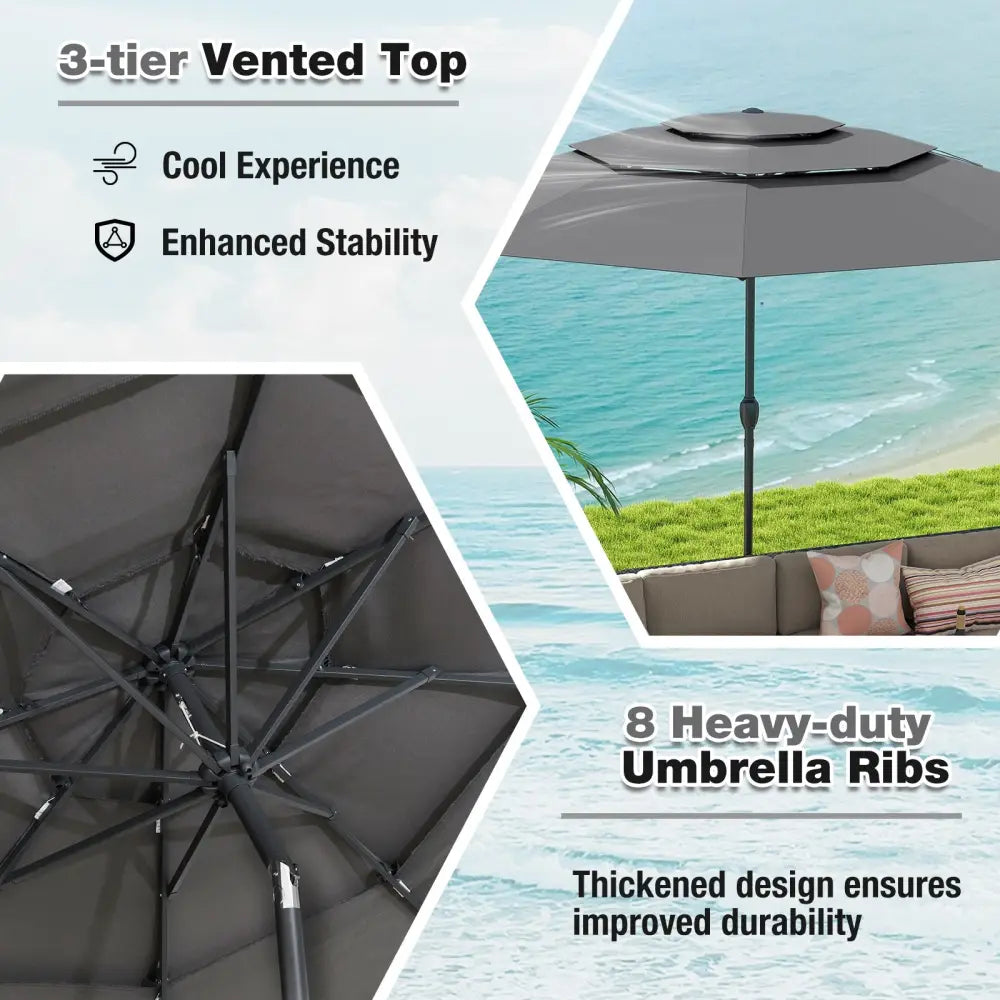 10 ft 3-tier Vented Patio Umbrella with Push Button Tilt-Gray - Gray - Outdoor Umbrellas