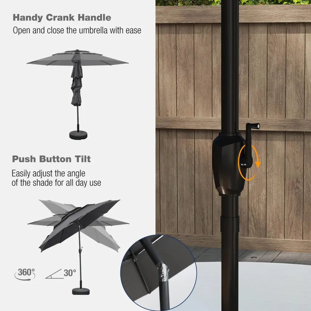 10 ft 3-tier Vented Patio Umbrella with Push Button Tilt-Gray - Gray - Outdoor Umbrellas