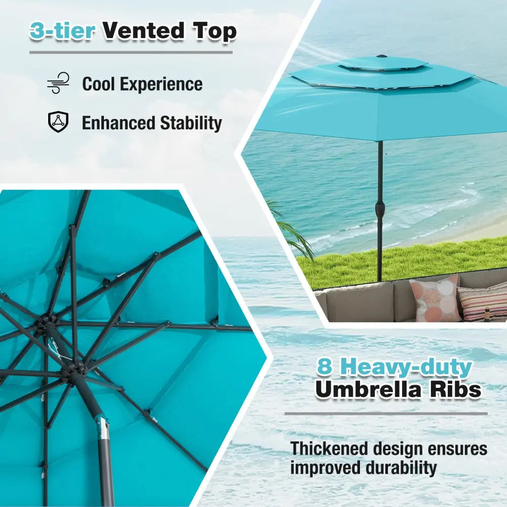 10 ft 3-tier Vented Patio Umbrella with Push Button Tilt-Green - Green - Outdoor Umbrellas
